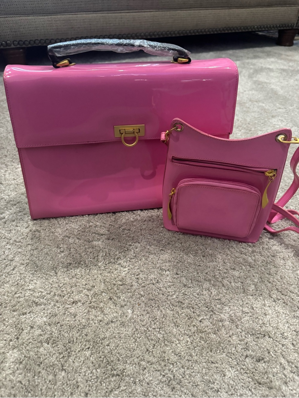 Beijo Hot Pink Patent Leather Top-Handle Bag with Matching Crossbody Pouch